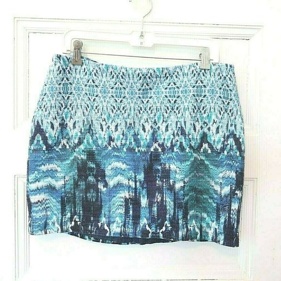 H&M Blue Green Watercolor Mini Pencil Skirt Cotton Linen Lined - Picture 1 of 4